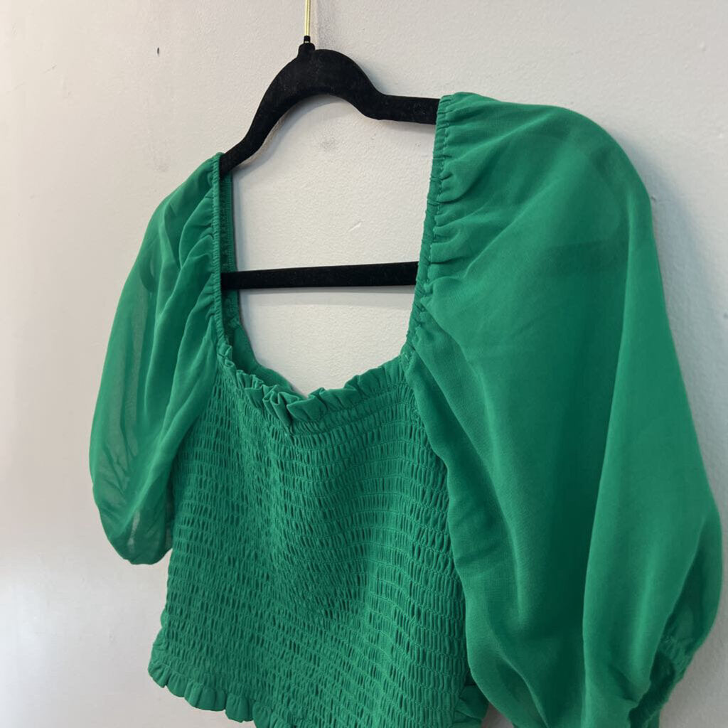 Altar'd State Green Cropped Short Puff Sleeve Top Extra Small