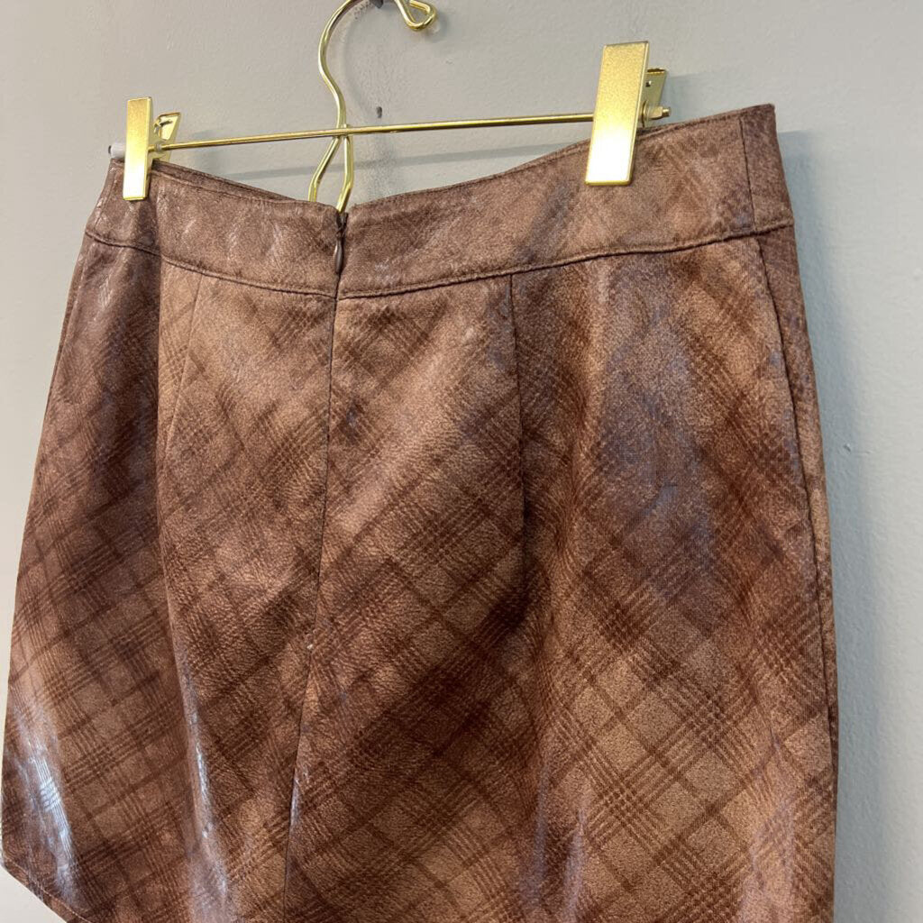 Altar'd State Brown Faux Leather Plaid Print Mini Skirt Small