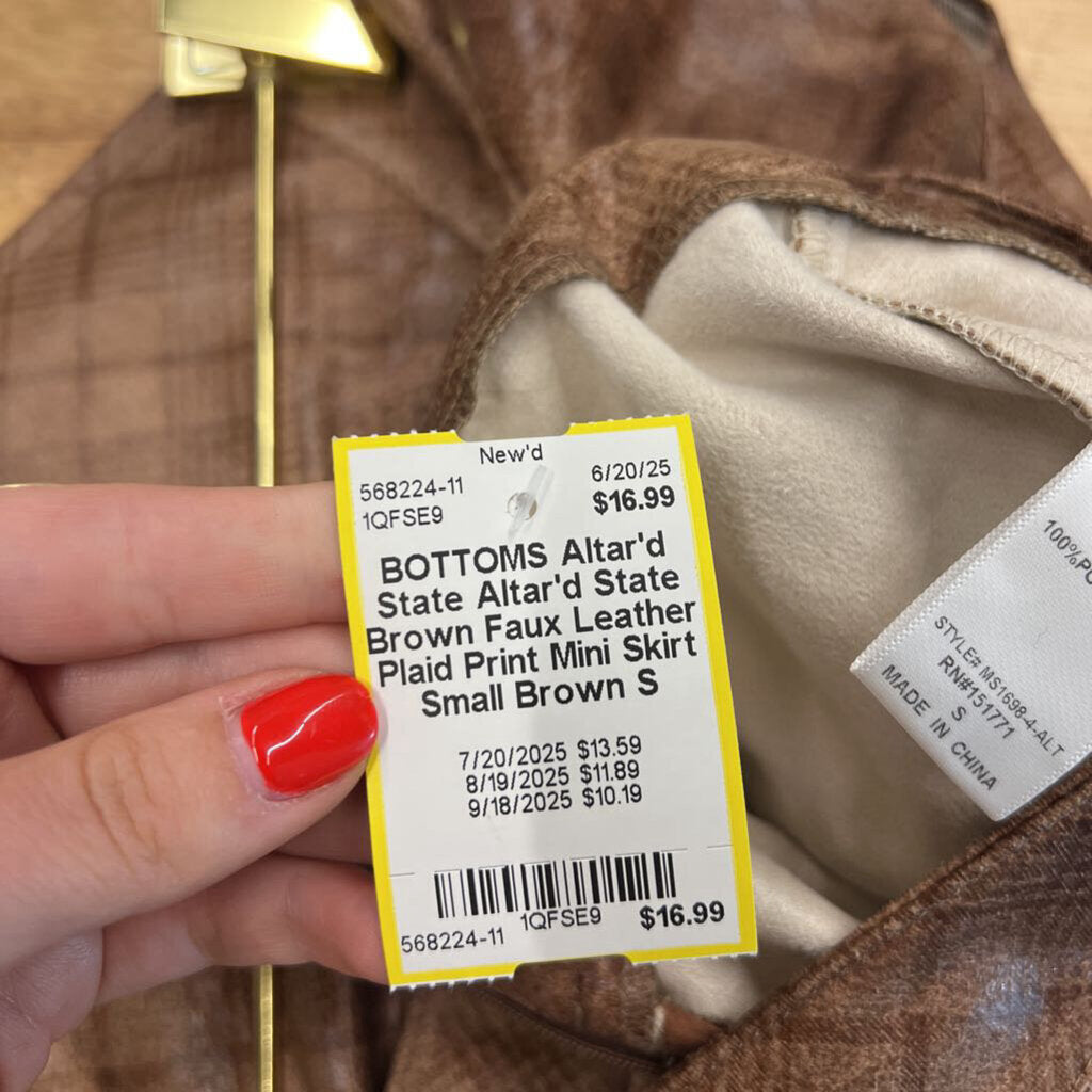 Altar'd State Brown Faux Leather Plaid Print Mini Skirt Small