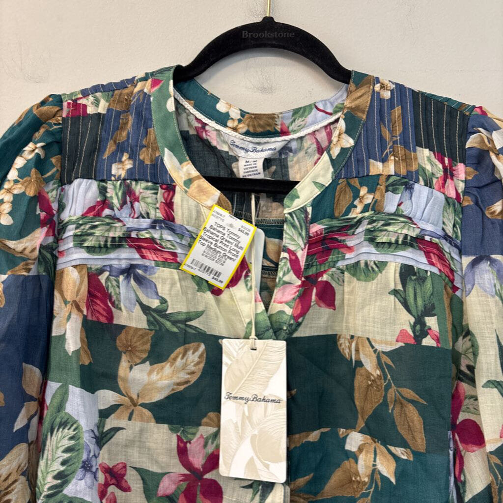 Tommy Bahama Green/ Multi Tropical Print Long Sleeve Button Front Top Medium