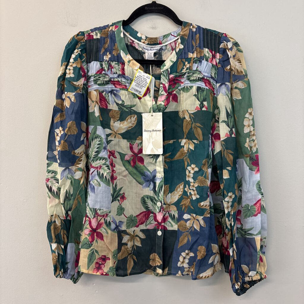 Tommy Bahama Green/ Multi Tropical Print Long Sleeve Button Front Top Medium