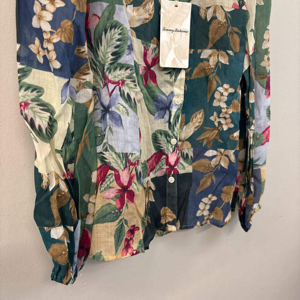 Tommy Bahama Green/ Multi Tropical Print Long Sleeve Button Front Top Medium