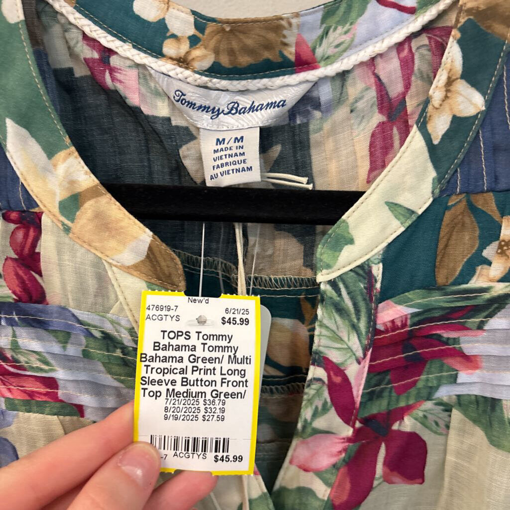 Tommy Bahama Green/ Multi Tropical Print Long Sleeve Button Front Top Medium