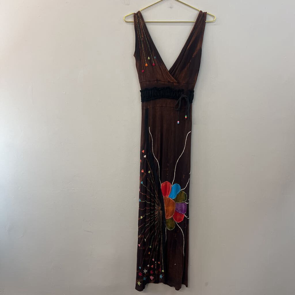Rising International Brown Embroidered Maxi Dress Small
