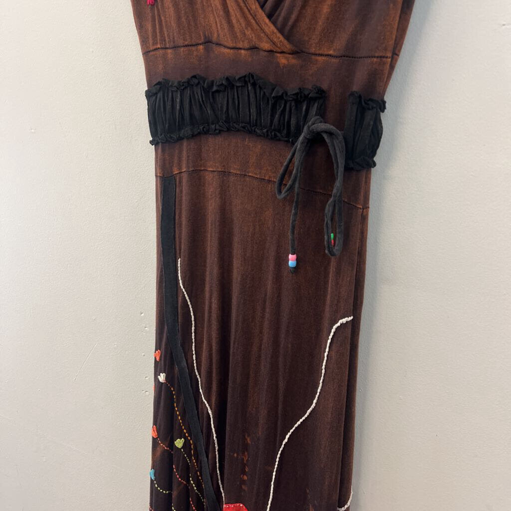 Rising International Brown Embroidered Maxi Dress Small