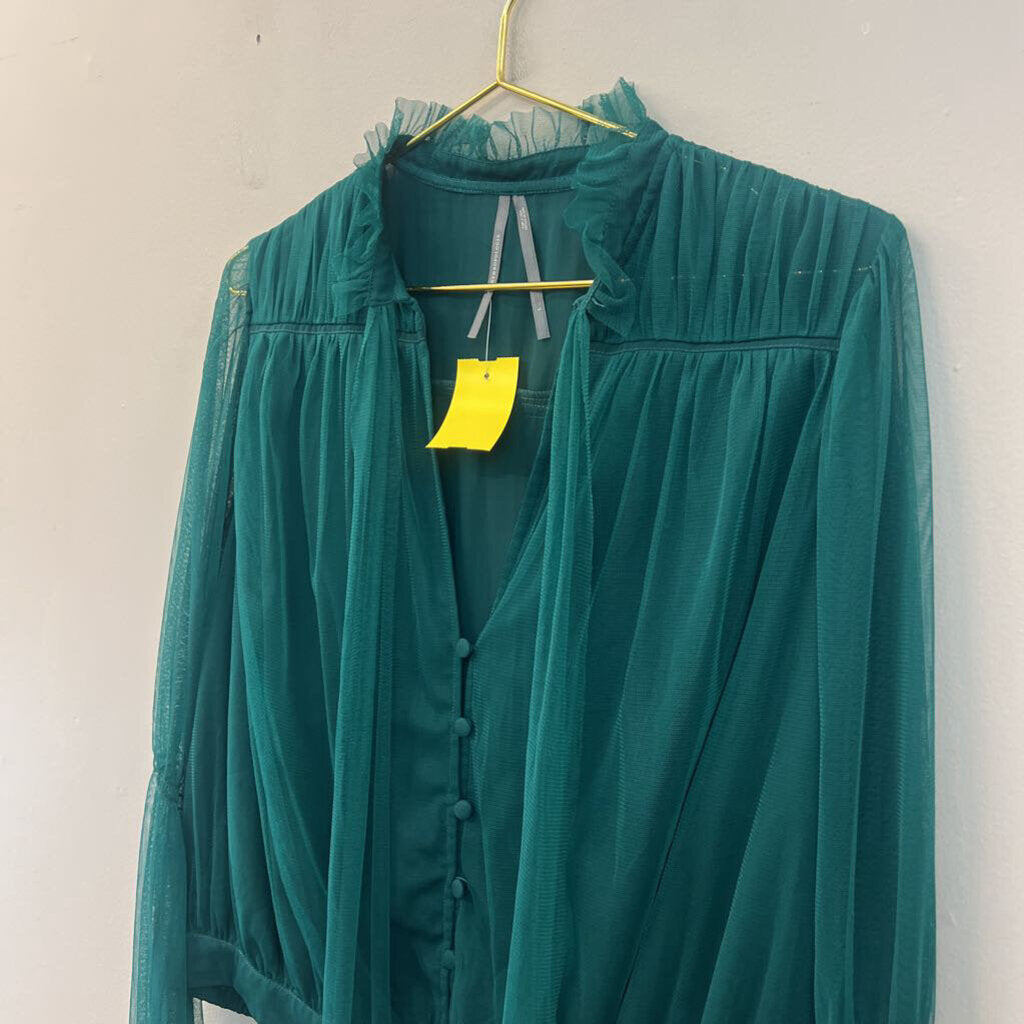 Anthropologie Green Tulle Long Sleeve Top Large