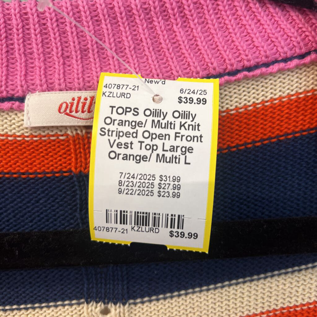 Oilily Orange/ Multi Knit Striped Open Front Vest Top Large
