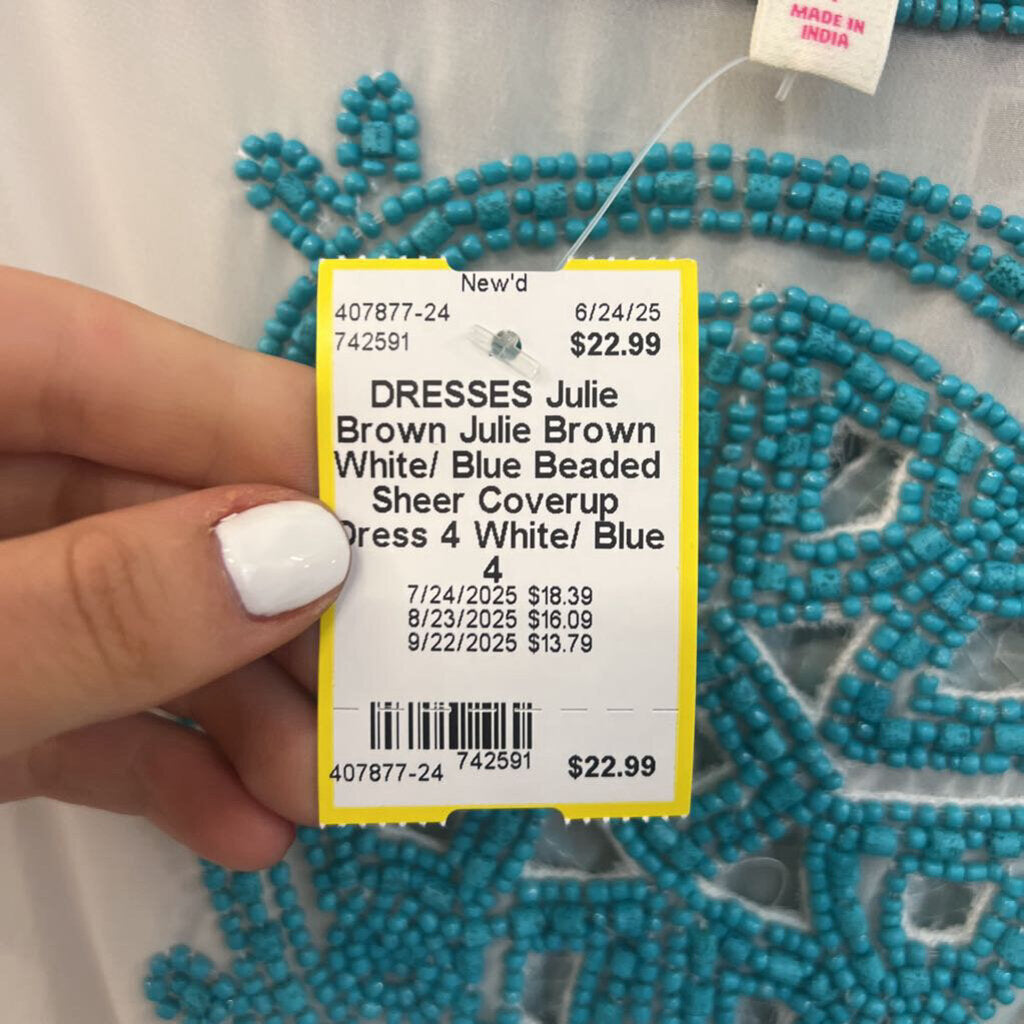 Julie Brown White/ Blue Beaded Sheer Coverup Dress 4