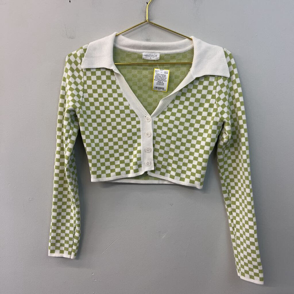 Vestique Green/ White Checkered Cropped Button Down Small