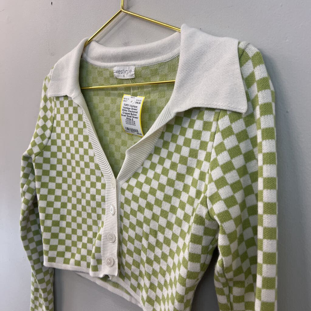Vestique Green/ White Checkered Cropped Button Down Small