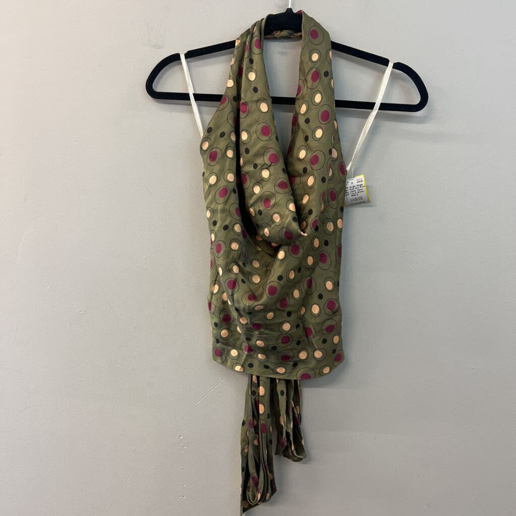 Single Green/ Multi Dot Print Silky Halter Open Back Top 8