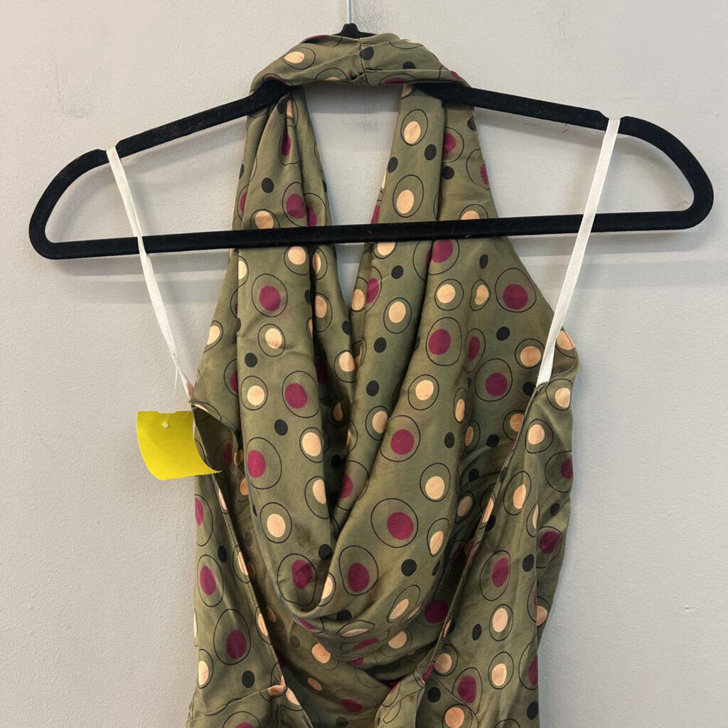Single Green/ Multi Dot Print Silky Halter Open Back Top 8