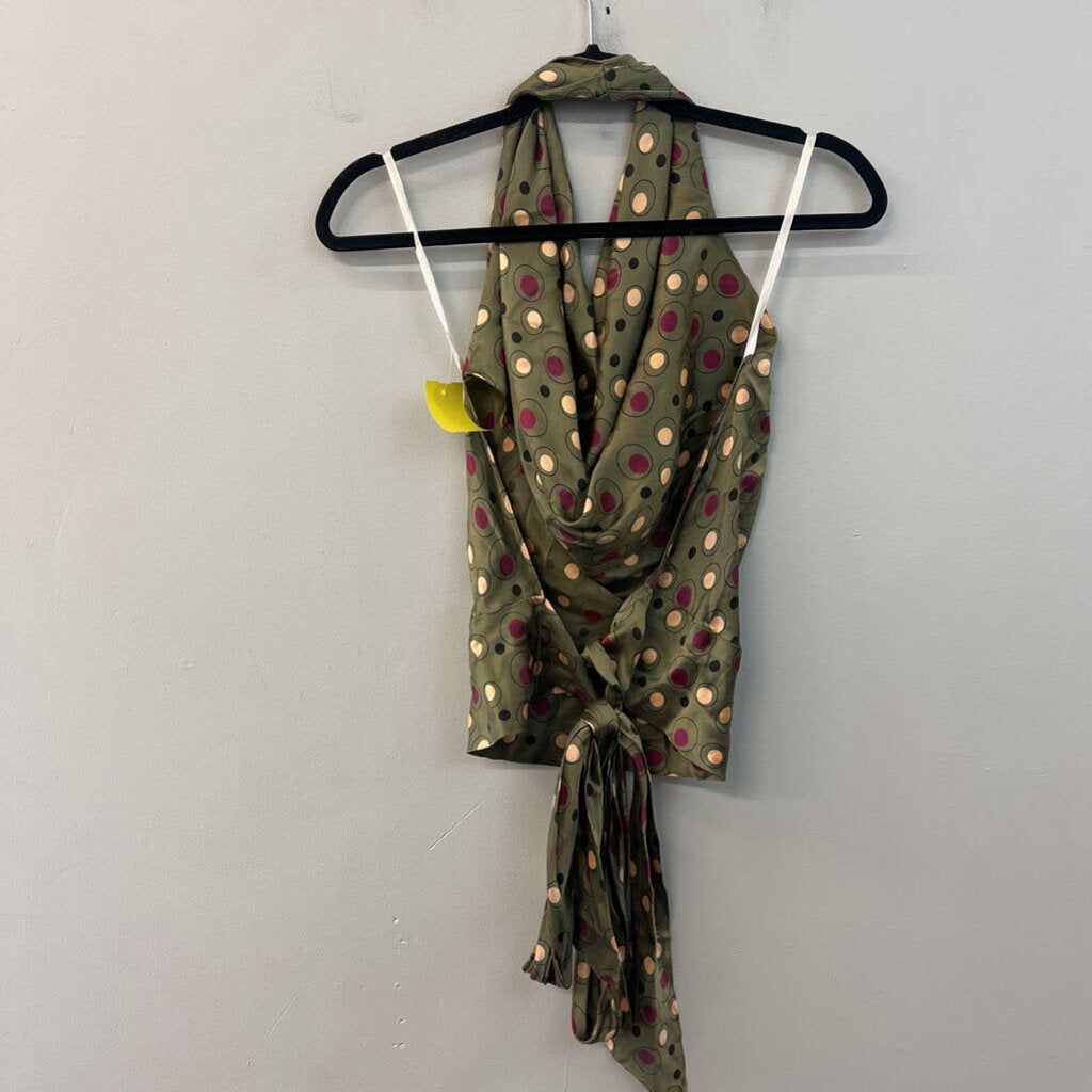 Single Green/ Multi Dot Print Silky Halter Open Back Top 8