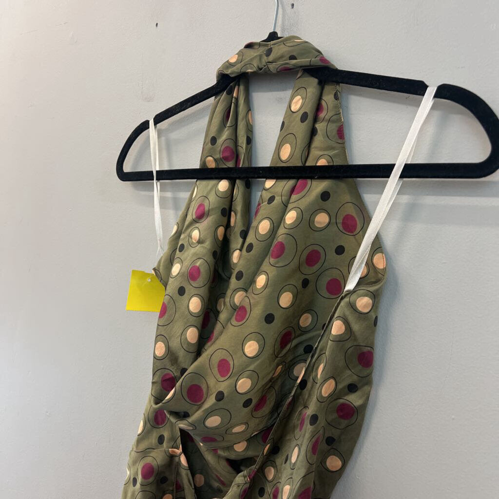 Single Green/ Multi Dot Print Silky Halter Open Back Top 8