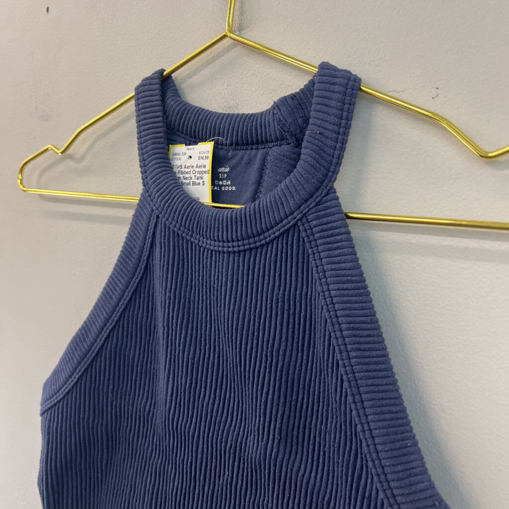 Aerie Blue Ribbed Cropped High Neck Tank Top Small