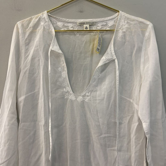 Banana Republic White Embroidered Sheer Long Sleeve Top Medium
