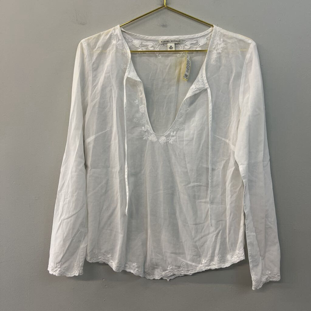 Banana Republic White Embroidered Sheer Long Sleeve Top Medium