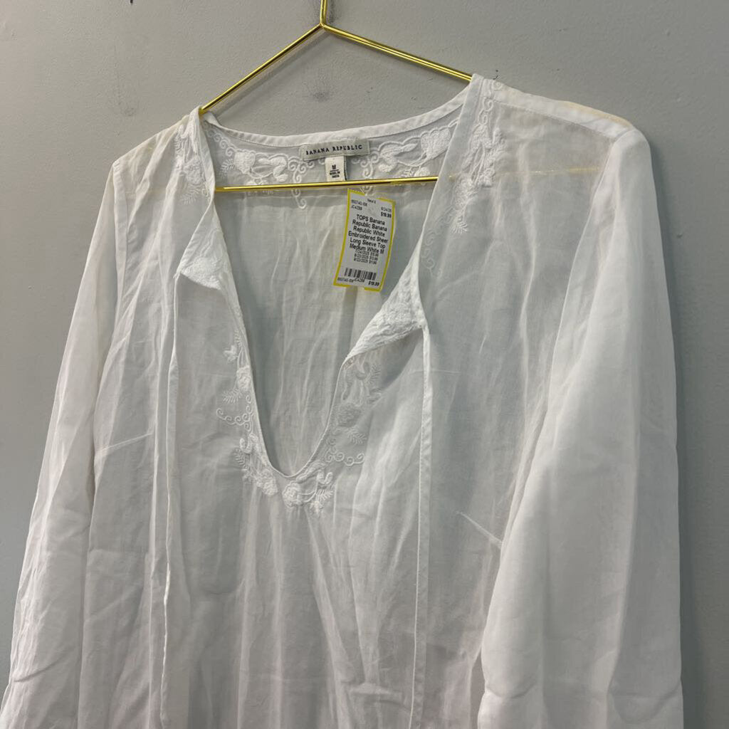 Banana Republic White Embroidered Sheer Long Sleeve Top Medium