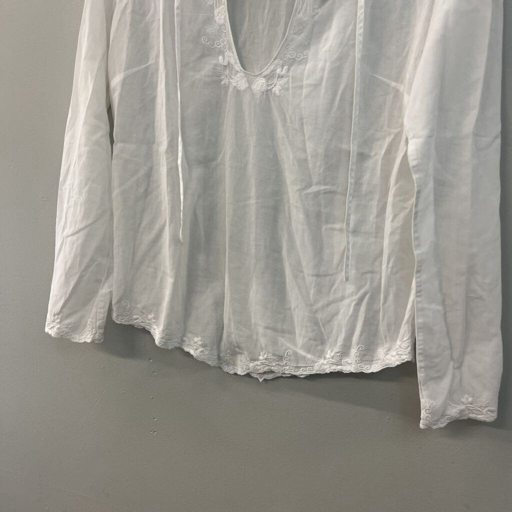 Banana Republic White Embroidered Sheer Long Sleeve Top Medium
