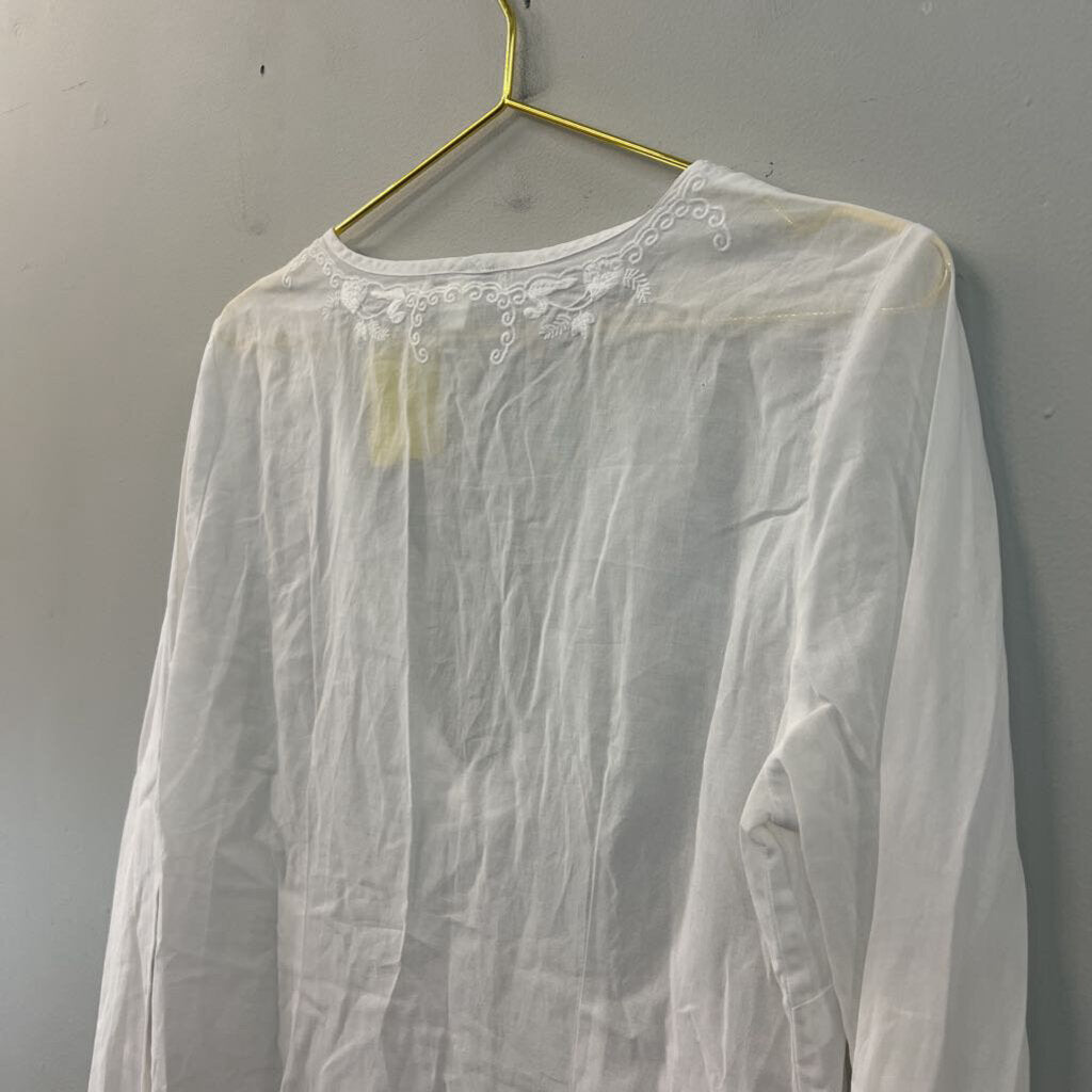 Banana Republic White Embroidered Sheer Long Sleeve Top Medium
