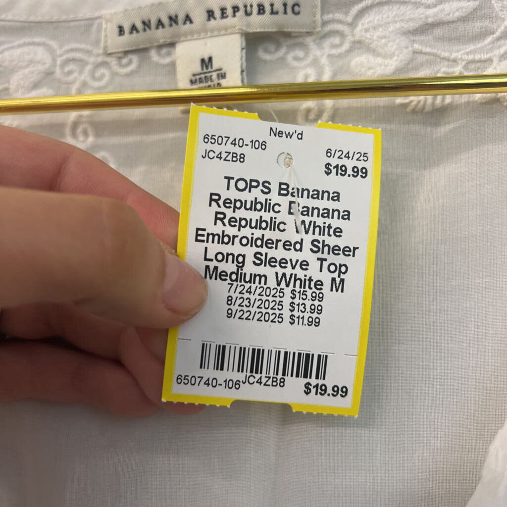 Banana Republic White Embroidered Sheer Long Sleeve Top Medium