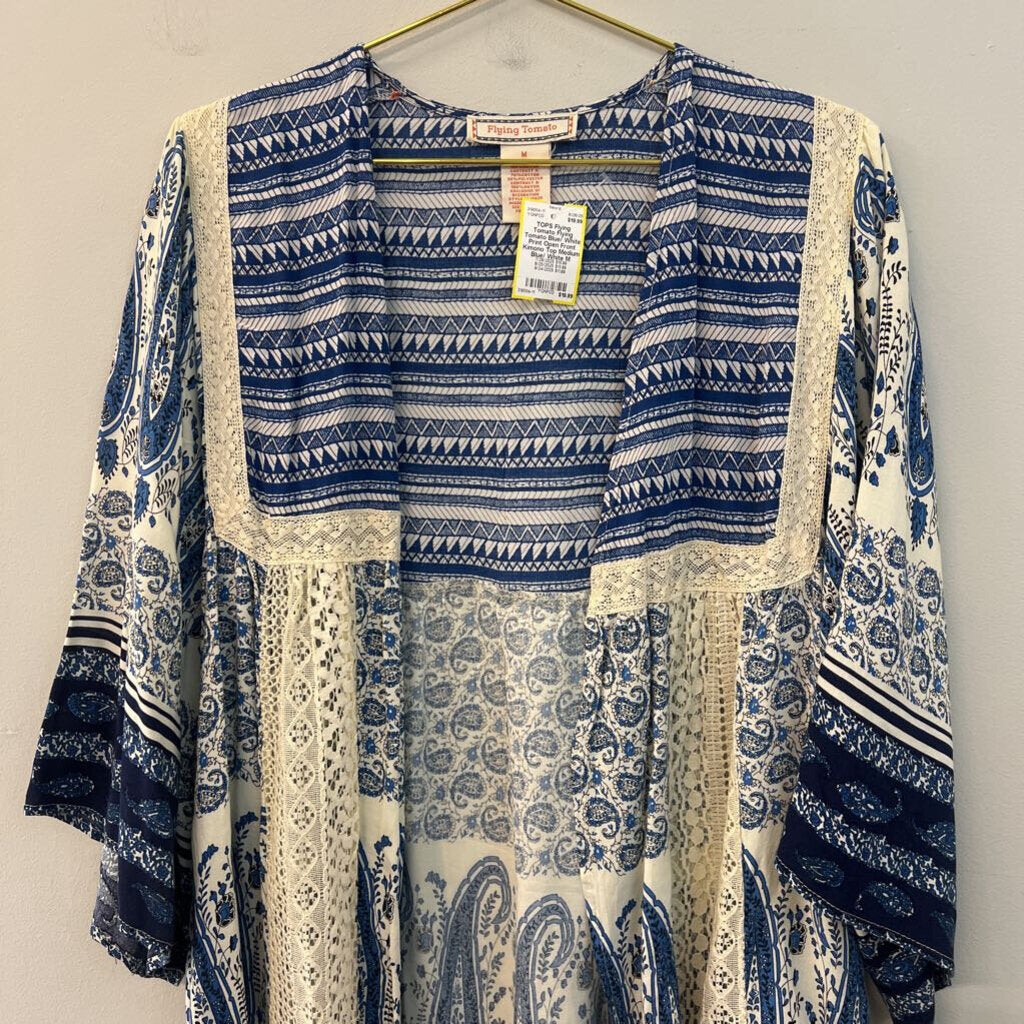 Flying Tomato Blue/ White Print Open Front Kimono Top Medium