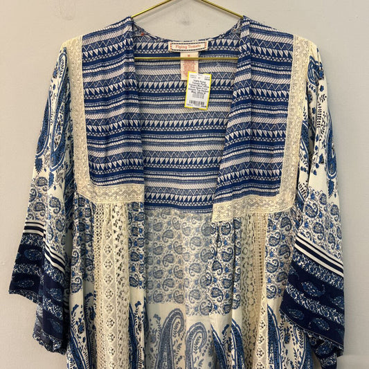 Flying Tomato Blue/ White Print Open Front Kimono Top Medium