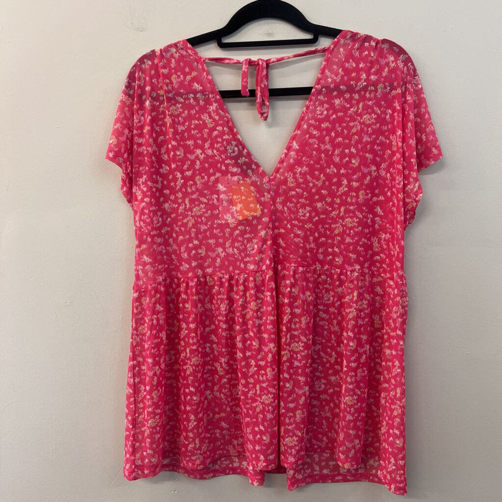 Lane Bryant Pink Print Sheer Short Sleeve Top 14/16