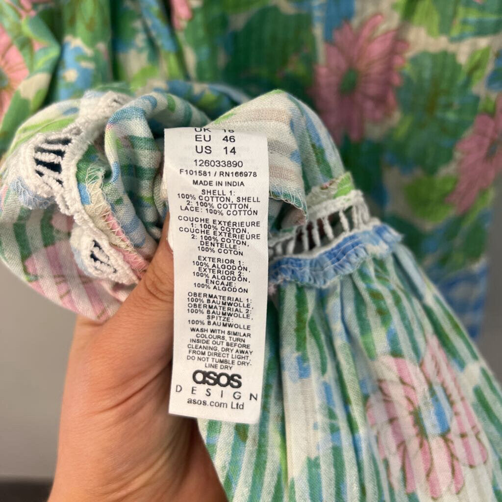 Asos Pink/ Green/ Blue Flower Print Gingham Dress 14