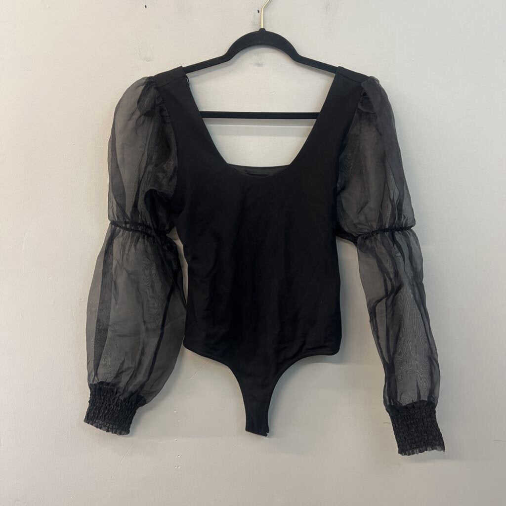 Dance and Marvel Black Sheer Puff Sleeve Bodysuit Small