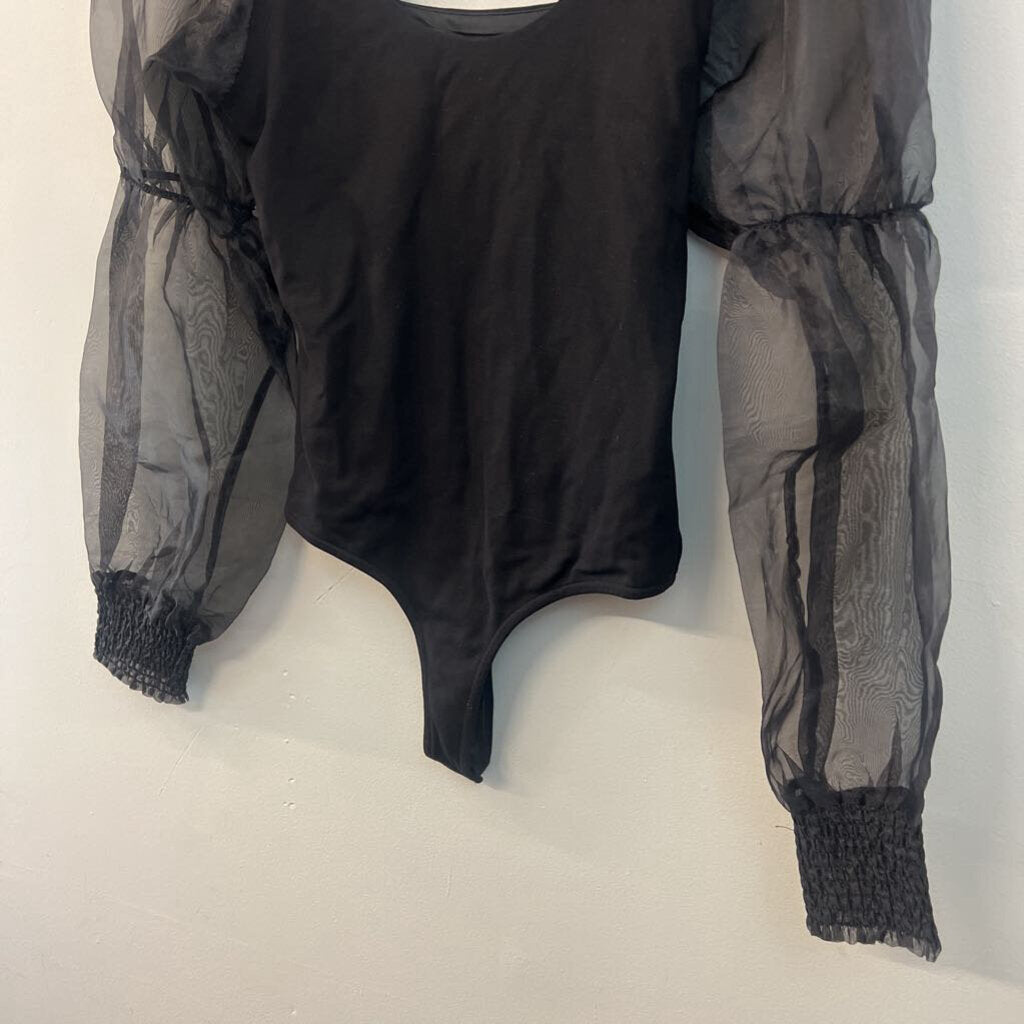 Dance and Marvel Black Sheer Puff Sleeve Bodysuit Small