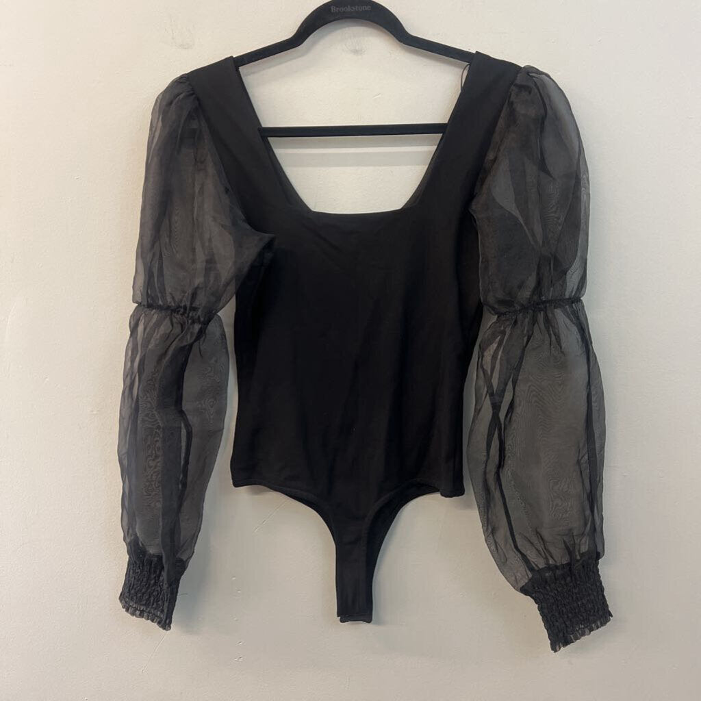 Dance and Marvel Black Sheer Puff Sleeve Bodysuit Small