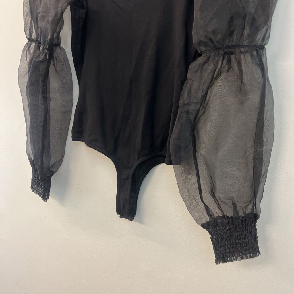 Dance and Marvel Black Sheer Puff Sleeve Bodysuit Small