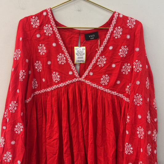 Vici Red/ White Embroidered Long Sleeve Top Large