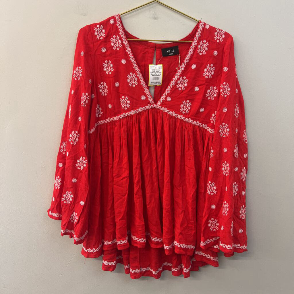 Vici Red/ White Embroidered Long Sleeve Top Large