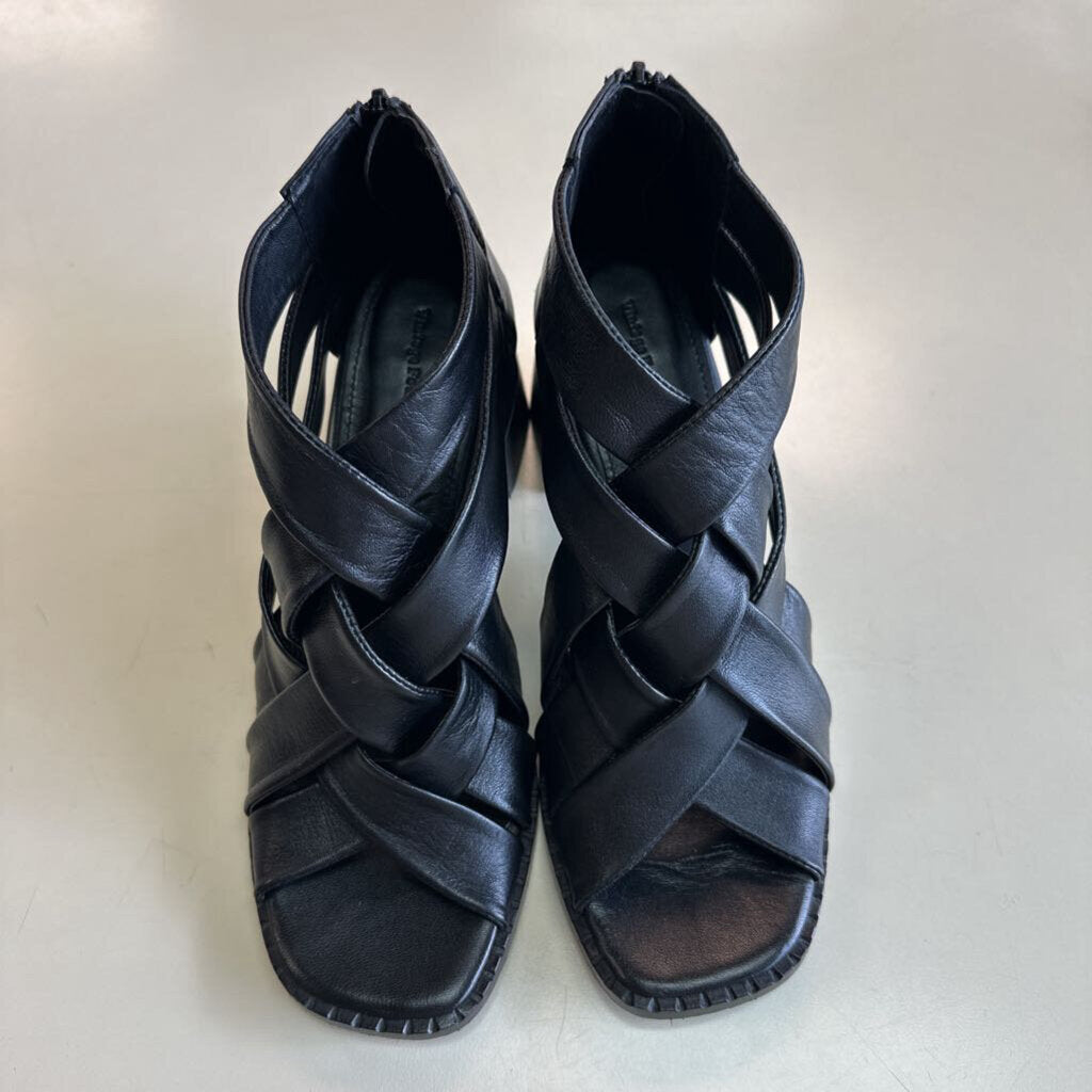 Vintage Foundry Co Black Strappy Leather Block Heels 9