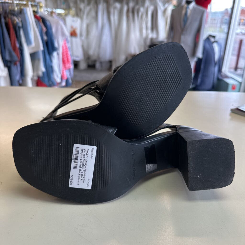 Vintage Foundry Co Black Strappy Leather Block Heels 9