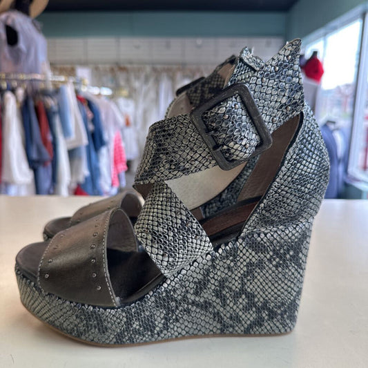 Free Bird Grey Terra Snakeskin Print Leather Strappy Wedge Heels 8