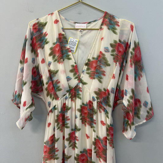Entro Cream/ Multi Print Short Sleeve Maxi Dress Small