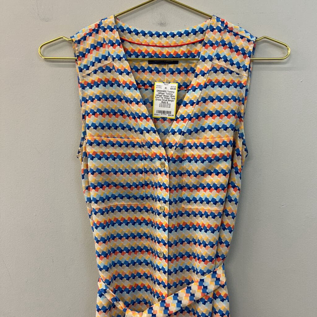 Tommy Hilfiger Beige/ Multi Print Tie Waist Tank Dress Small