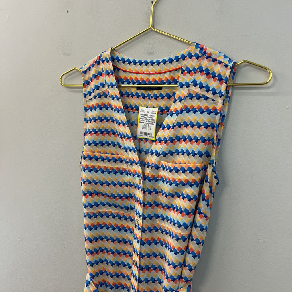 Tommy Hilfiger Beige/ Multi Print Tie Waist Tank Dress Small