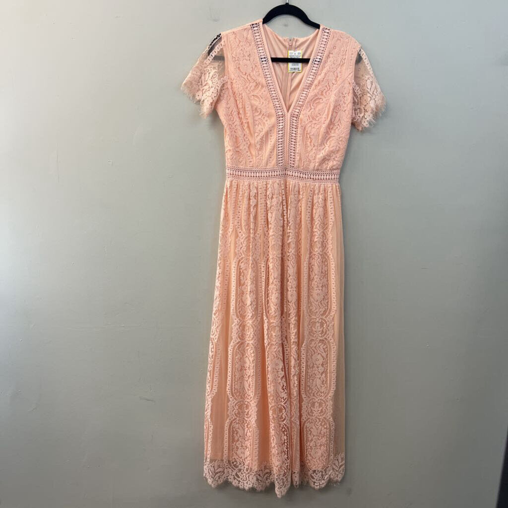 Pink Lace Short Sleeve Maxi Dress Medium