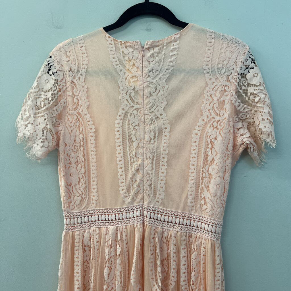 Pink Lace Short Sleeve Maxi Dress Medium