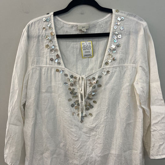 J Jill White 100% Linen Embellished Neckline Long Sleeve Top Medium
