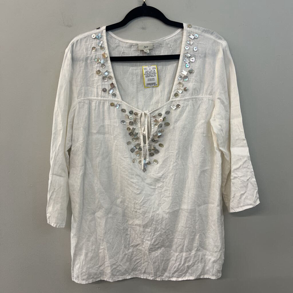 J Jill White 100% Linen Embellished Neckline Long Sleeve Top Medium