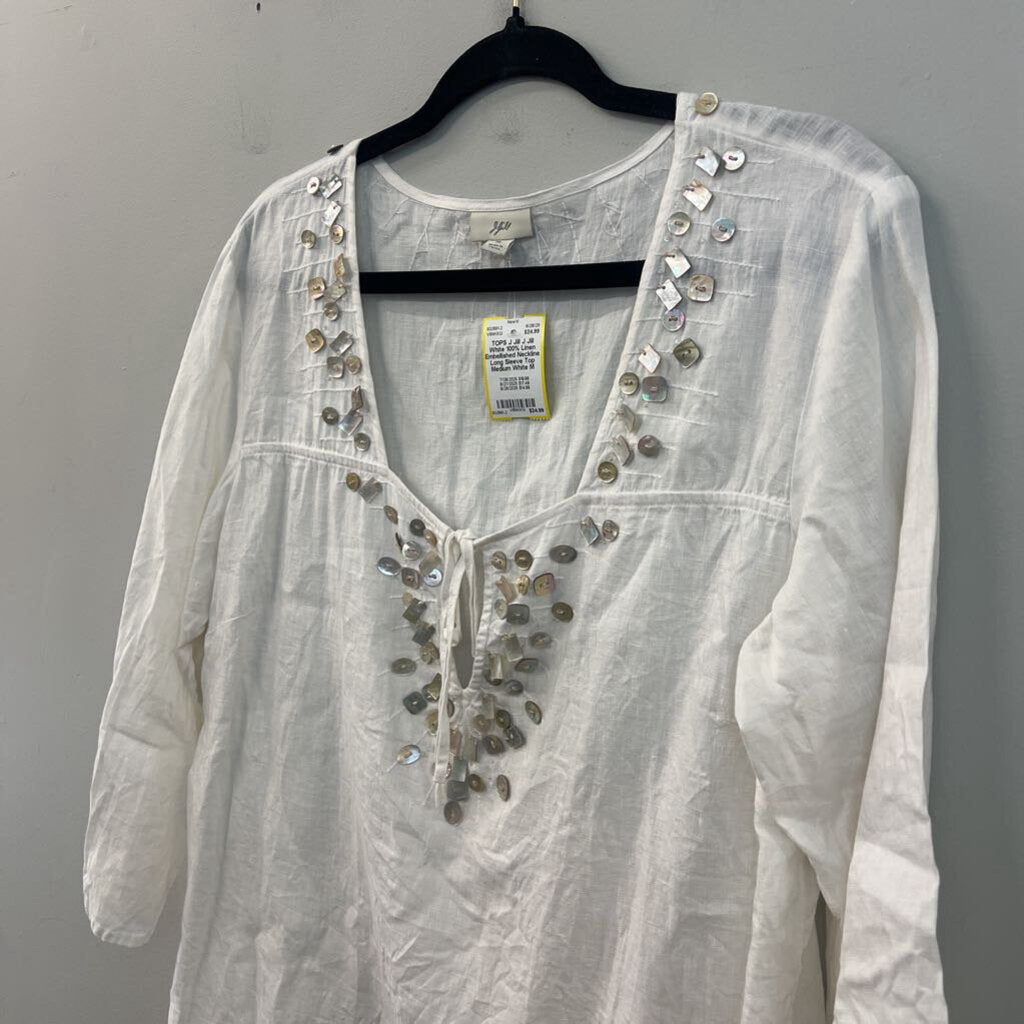 J Jill White 100% Linen Embellished Neckline Long Sleeve Top Medium
