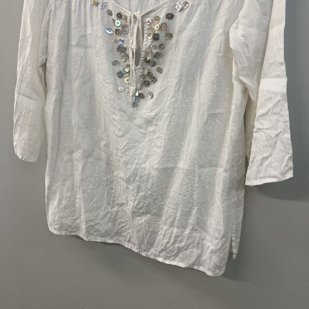 J Jill White 100% Linen Embellished Neckline Long Sleeve Top Medium