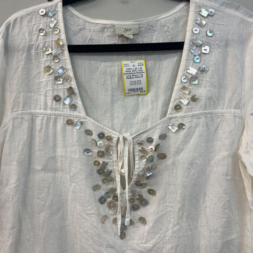 J Jill White 100% Linen Embellished Neckline Long Sleeve Top Medium