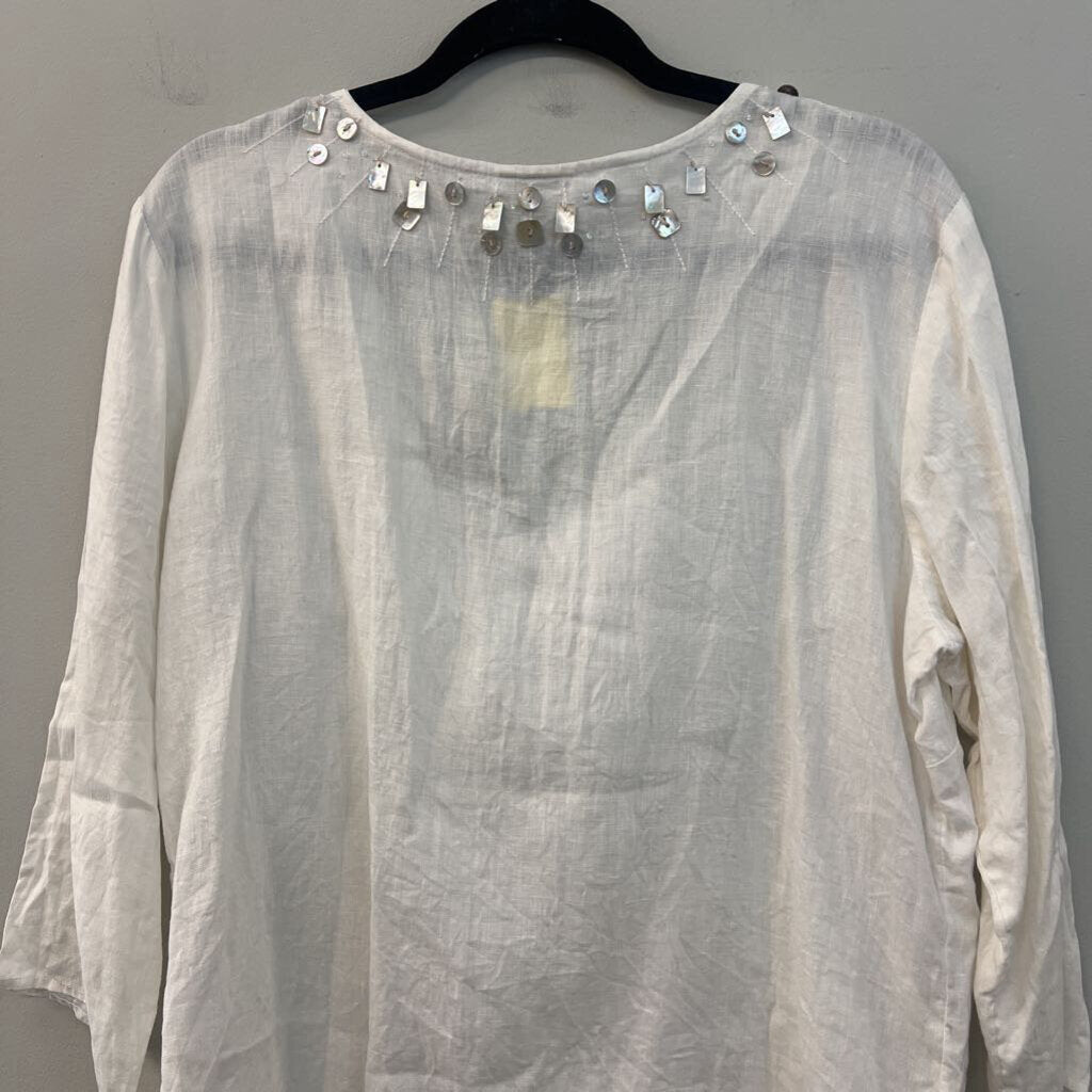 J Jill White 100% Linen Embellished Neckline Long Sleeve Top Medium
