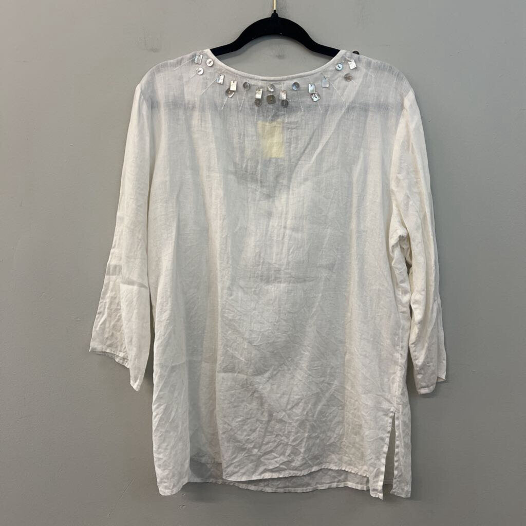 J Jill White 100% Linen Embellished Neckline Long Sleeve Top Medium